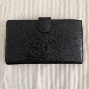 CHANEL Black Caviar Leather Long Wallet with Embossed CC